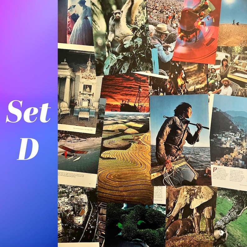 May include: A collage of vintage postcards featuring a variety of subjects, including a monkey, a cityscape, a boat, a field of crops, and a person fishing. The postcards are arranged in a random pattern and are all in different colors and styles.