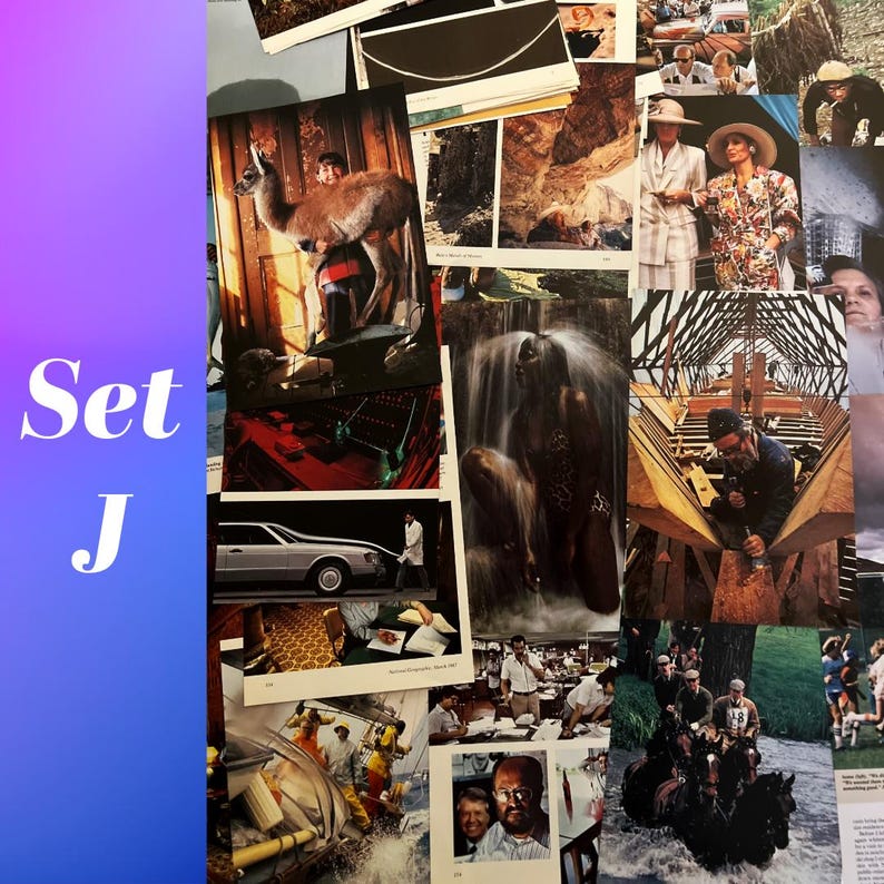 May include: A collage of images featuring a variety of subjects, including a llama, a waterfall, a car, a group of people, and a building under construction. The collage is made up of different sizes and shapes of paper, and the images are arranged in a random order.