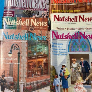 May include: A collection of vintage "Nutshell News" magazines, featuring covers with text like "For creators and collectors of scale miniatures." The magazines showcase miniature projects and articles, with dates from the 1990s.