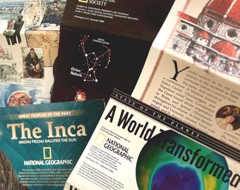 May include: A collection of National Geographic magazines with covers featuring the Orion Nebula, the Inca, and a world transformed. The covers are in various shades of blue, green, and red.