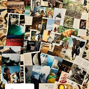 May include: A collage of magazine clippings featuring a variety of images, including landscapes, animals, people, and abstract designs. The collage is arranged in a grid pattern and includes text such as "The Grand Wind" and "Set A".