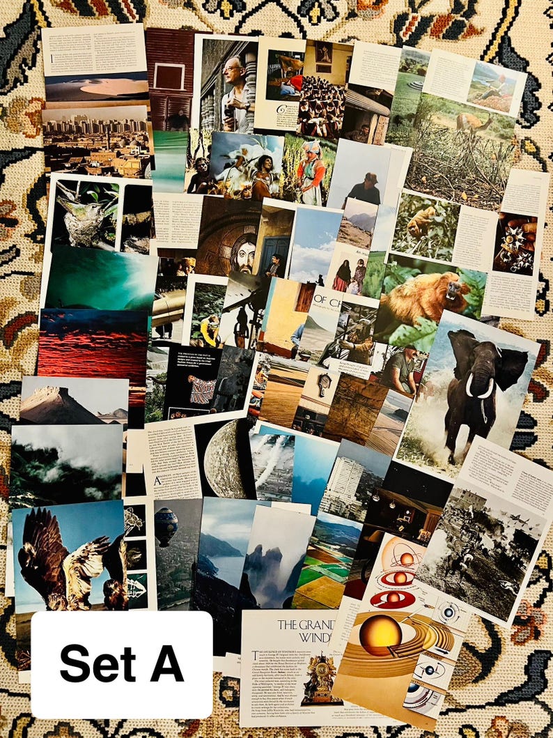 May include: A collage of magazine clippings featuring a variety of images, including landscapes, animals, people, and abstract designs. The collage is arranged in a grid pattern and includes text such as "The Grand Wind" and "Set A".