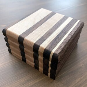 Handmade Maple & Walnut Striped Wood Coasters - Set of 4