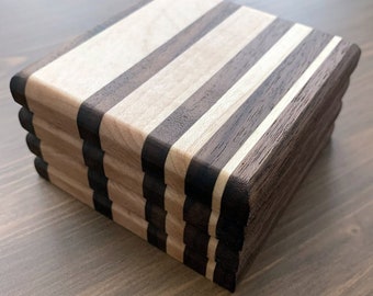 Handmade Maple & Walnut Striped Wood Coasters - Set of 4