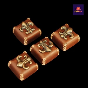 May include: Four brown leather squares with a fleur-de-lis emblem. Each square has a decorative stitch pattern around the edges. The fleur-de-lis is a bronze color. The background is black.