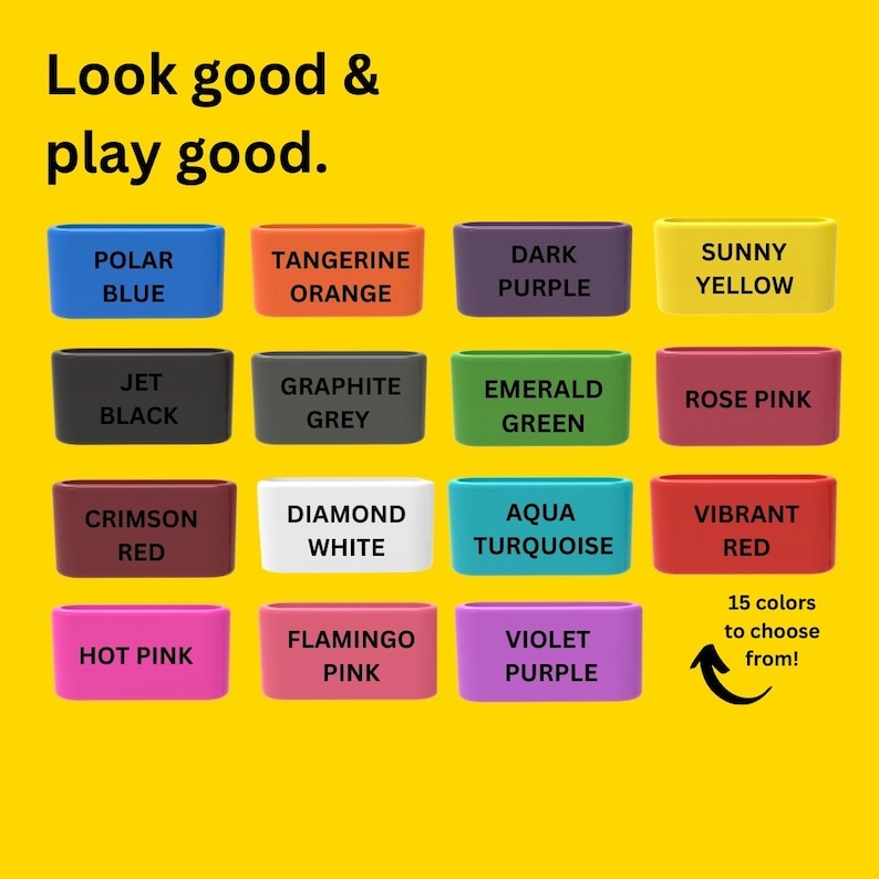 Puede incluir: Un gr&aacute;fico de 15 pulseras de silicona de diferentes colores con el texto "Look good & play good." y "15 colores para elegir!" Los colores incluyen azul polar, naranja mandarina, morado oscuro, amarillo soleado, negro azabache, gris grafito, verde esmeralda, rosa palo, rojo carmes&iacute;, blanco diamante, turquesa aguamarina, rojo vibrante, rosa intenso, rosa flamenco y morado.