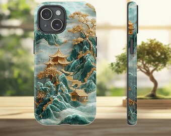 Asian Jade Landscape Tough Case, Gold Inlay Art Carving Phone Cover, Protective Shell for Mobile Devices, iPhone, Samsung