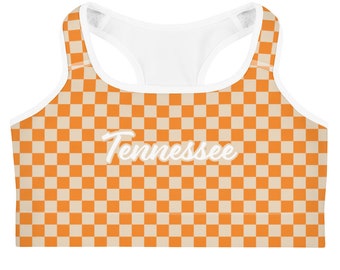 Anpassbarer Tennessee Sport-BH natur, TN Vols Crop Top, Neutraler Schachbrett-BH, hell neutral orange