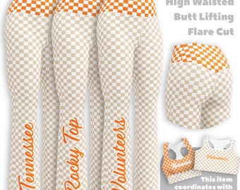 Customizable Tennessee Flare leggings natural, TN Vols Flare Pants, Neutral Checkerboard Pants, light neutral orange