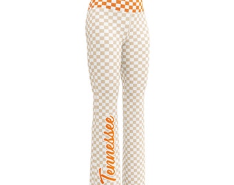 Tennessee Flare leggings natural, TN Vols Flare Pants, Neutral Checkerboard Pants, light neutral orange