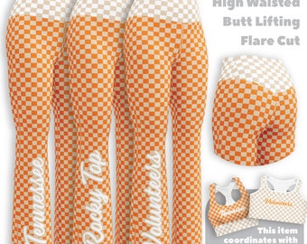 Tennessee Flare Leggings natur, TN Vols Flare Pants, Neutral Checkerboard Pants, hellneutrales Orange