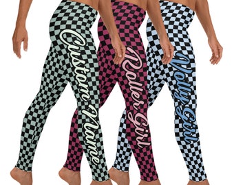 Custom Checkerboard Leggings, Personalized Check Yoga Pants, Customized Black Checked Leggings, Gift for Her