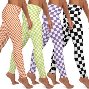 Women&#39;s Custom Color Check Leggings, Womens Checkerboard Pants, Team Color Checkerboard Leggings, White Checked Pants, Checkerboard Pants