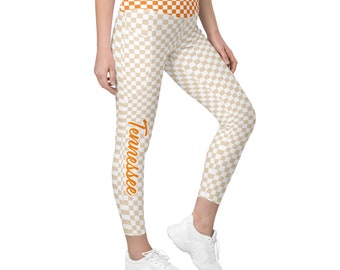 Tennessee Pocket Leggings natural, TN Yoga Pants with pockets, Neutral Checkerboard pants, light neutral orange