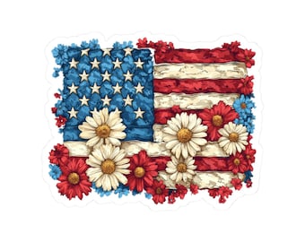 Floral American Flag Sticker, Veteran American Flag Floral Bouquet Mini Gifts, Laptop Stickers Vinyl, Water Bottle Stickers, Car Decal