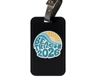 Etiqueta para equipaje Viaje a la playa 2026 / Etiqueta de viaje retro con diseño de olas de sol