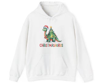 Christmasaurus Hoodie | Söt dinosaurie i tomtehatt, julgranskropp, juldinosaurie