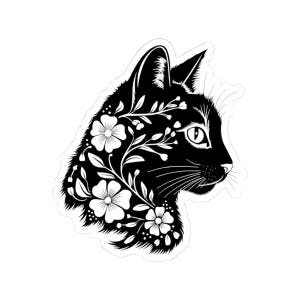 Floral Cat Stickers, Flower Laptop Decal, Cat Lover Gift, Sticker for Kids Teens, Flower Cat Art Decoration, Water Bottle Sticker, Car Decal