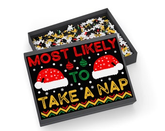 Funny Christmas Puzzle | Jigsaw Puzzle | Christmas Gift | Anniversary Gift | Wedding Gift, Most Likely to Take A Nap Puzzle, Family Keepsake