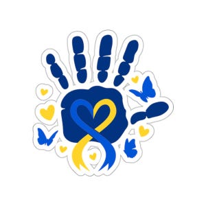 Down Syndrome Awareness Sticker: Handprint, Ribbon, Butterflies