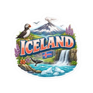 May include: A sticker featuring the word "ICELAND" in a bold, orange and white font, with a puffin, whale, waterfall, and the Icelandic flag. The background includes a mountain, flowers, and icebergs.