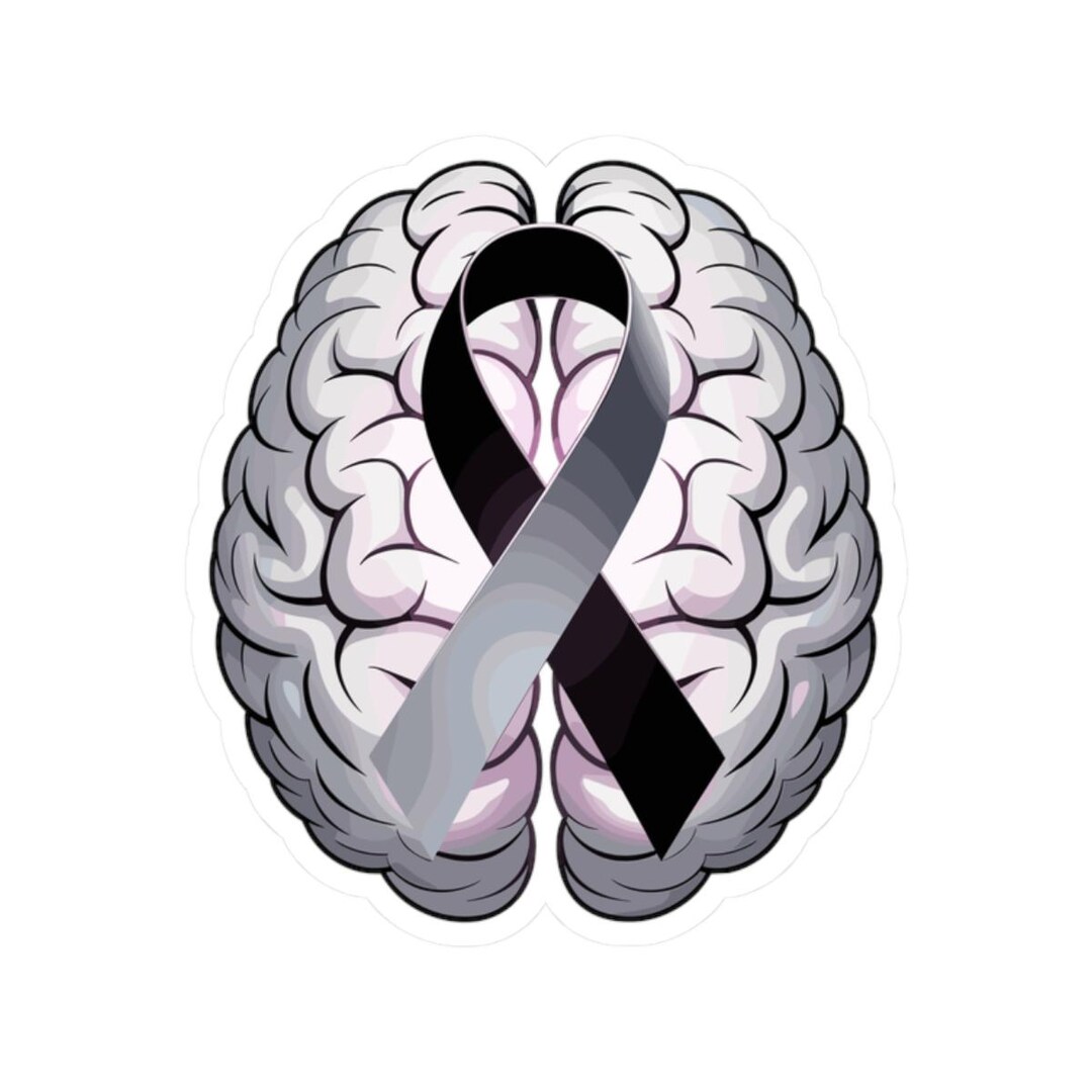Brain Print Ribbon Brain With Gray Awareness Ribbon Sticker, Brain Injury , Tbi Gift ...