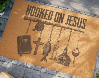 Felpudo "Enganchado a Jesús" / Felpudo cristiano de bienvenida para pescadores, regalo para pescadores