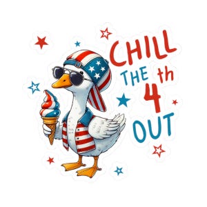 Patriottische sticker, 4 juli sticker, label Independence Day, USA vlag embleem, feestelijke vakantie decor, grappige eend minnaar sticker