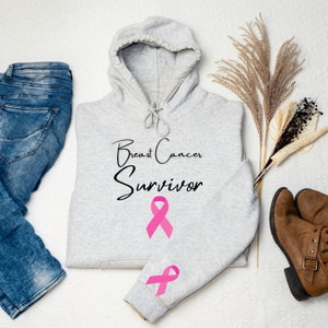 Breast Cancer Awareness Hoodie Design On Sleeve, Cancer Warrior Gift, Cancer Ribbon Hoodie , Cancer Survivor,  Breast Cancer Sweatshirt
