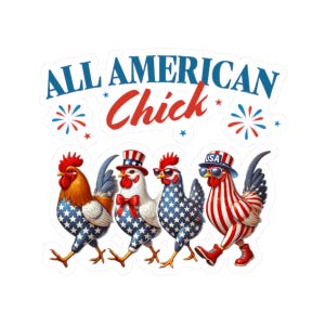 Grappige patriottische sticker, sticker 4 juli, label Independence Day, embleem vlag VS, decor feestelijke feestdagen, grappige kip Amerika