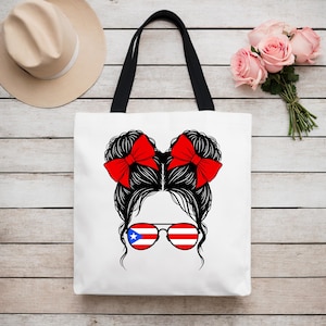Puerto Rican Girl Tote Bag - Sunglasses Flag, Messy Bun, Gift for Puerto, Travel Beach Bag, Reusable Shopping Bag, Puerto Rican Pride Gift