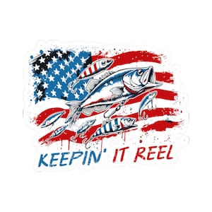 4 juillet USA Amérique poisson Keepin It Reel Sticker, sticker fête de l'indépendance de la pêche patriotique, étiquette rayures étoiles bleu blanc rouge, sticker voiture