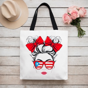 Puerto Rican Girl Tote Bag - Sunglasses Flag, Messy Bun, Gift for Puerto, Travel Beach Bag, Reusable Shopping Bag, Puerto Rican Pride Gift