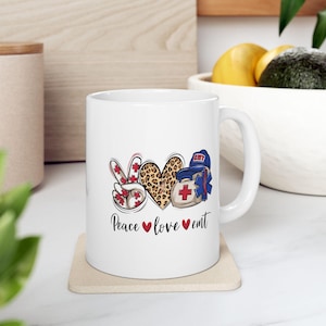 EMT Ceramic Mug, Peace Love Coffee Cup, Emergency Medical Technician Gift, First Responder Tea Mug, Paramedic Kitchen Decor, Nurse Gift