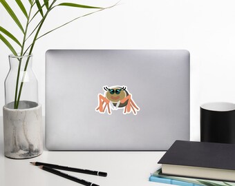 May include: A sticker featuring a cartoon spider with large eyes, eyelashes, and a smile. The spider is brown with orange legs.