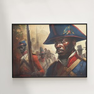 May include: A painting depicting a line of Black soldiers in military uniforms. The soldier in the foreground is wearing a blue and red uniform with a large, white hat. He has a serious expression on his face.