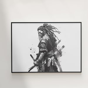 May include: Black and white illustration of a samurai warrior with long hair, holding a sword and standing in a fighting pose. The background is a white watercolor wash.