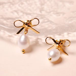 Pearl Drop Bow Earrings – Dainty Dangles in Gold & Silver Shade | Minimalist Studs | Cute Graduation Gift