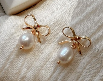 Pearl Drop Bow Earrings: 18k Gold Coquette Studs. Gift-Ready. Free Gift Box.