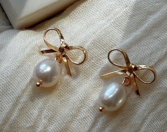 Coquette pearl drop stud bow earrings | Dainty Earrings in Gold&Silver | Minimalist jewelry | Clean girl aesthetic | Gift for her