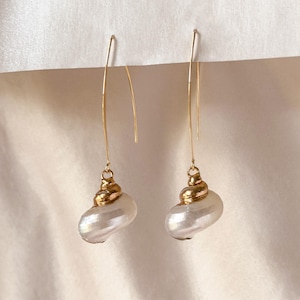 May include: A pair of gold-toned drop earrings featuring curved wire hooks and dangling white iridescent seashell charms. The shells have a smooth, pearlescent finish and are capped with a polished gold-colored metal accent at the top.