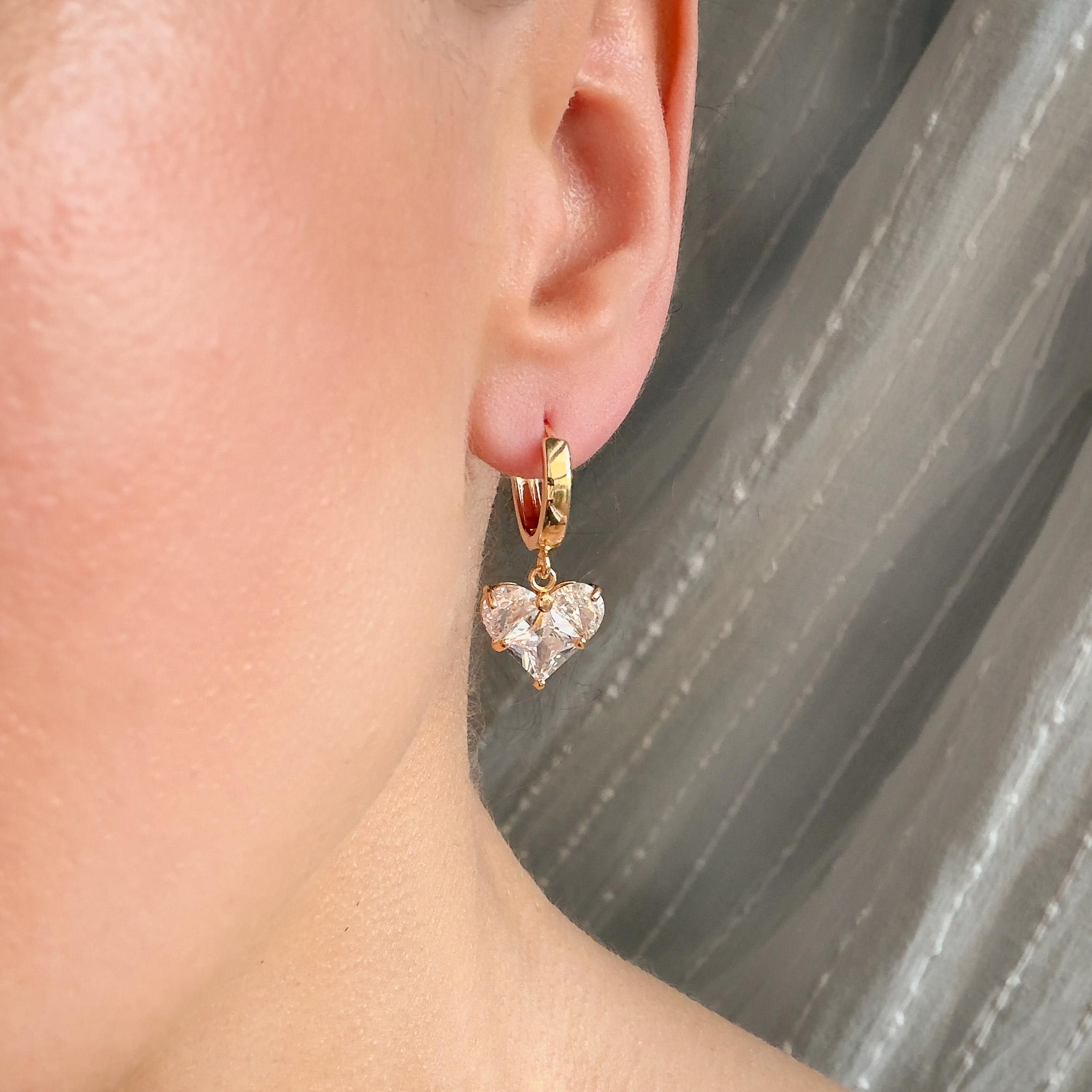 Dangling Huggie Hoops With Heart Charm in Gold Tone. Gift-ready. Free ...