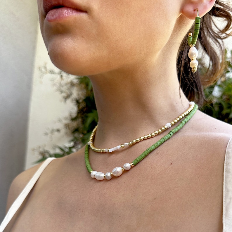 Green pearl choker necklace with Freshwater pearl 18k Gold over brass Style Delicate necklace Homemade jewelry Bestseller gift image 7