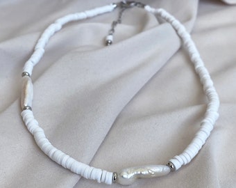 Baroque Pearl asymmetric necklace, White choker necklace, beaded beach jewelry for everyday