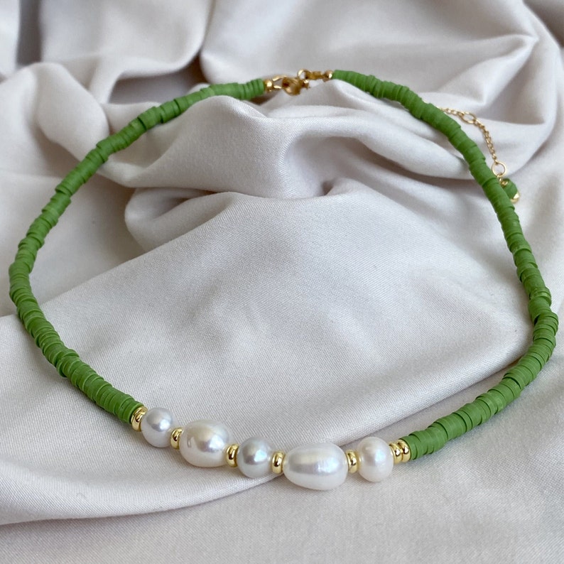 Green pearl choker necklace with Freshwater pearl 18k Gold over brass Style Delicate necklace Homemade jewelry Bestseller gift image 2