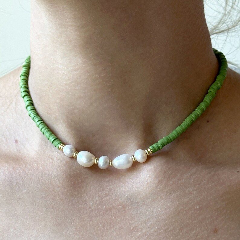 Green pearl choker necklace with Freshwater pearl 18k Gold over brass Style Delicate necklace Homemade jewelry Bestseller gift image 1