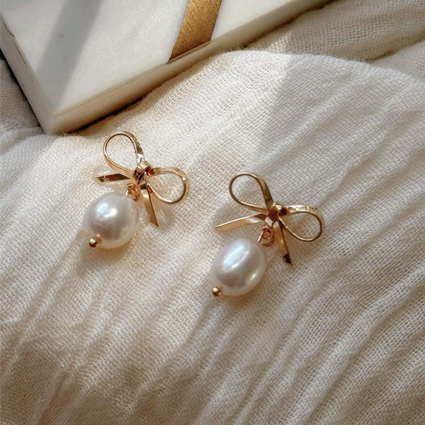 Pearl Drop Bow Earrings: 18k Gold Coquette Studs.