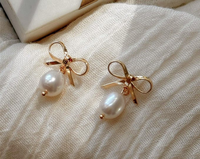 Pearl Drop Bow Earrings: 18k Gold Coquette Studs.