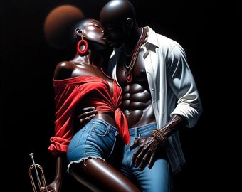 Passionate Embrace Digital Art Download, Romantic Jazz Couple, Oil Painting, High-Quality Print, Music & Love Theme, Home Decor