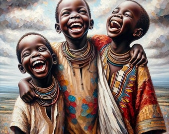 Joyful Brotherhood, African Children Laughing, African Black art, Digital Art African Black Art, Digital Download, Black Art Prints